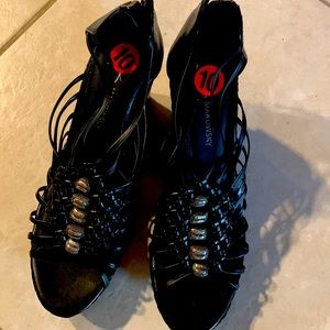 B.Makowsky black platforms, leather upper.